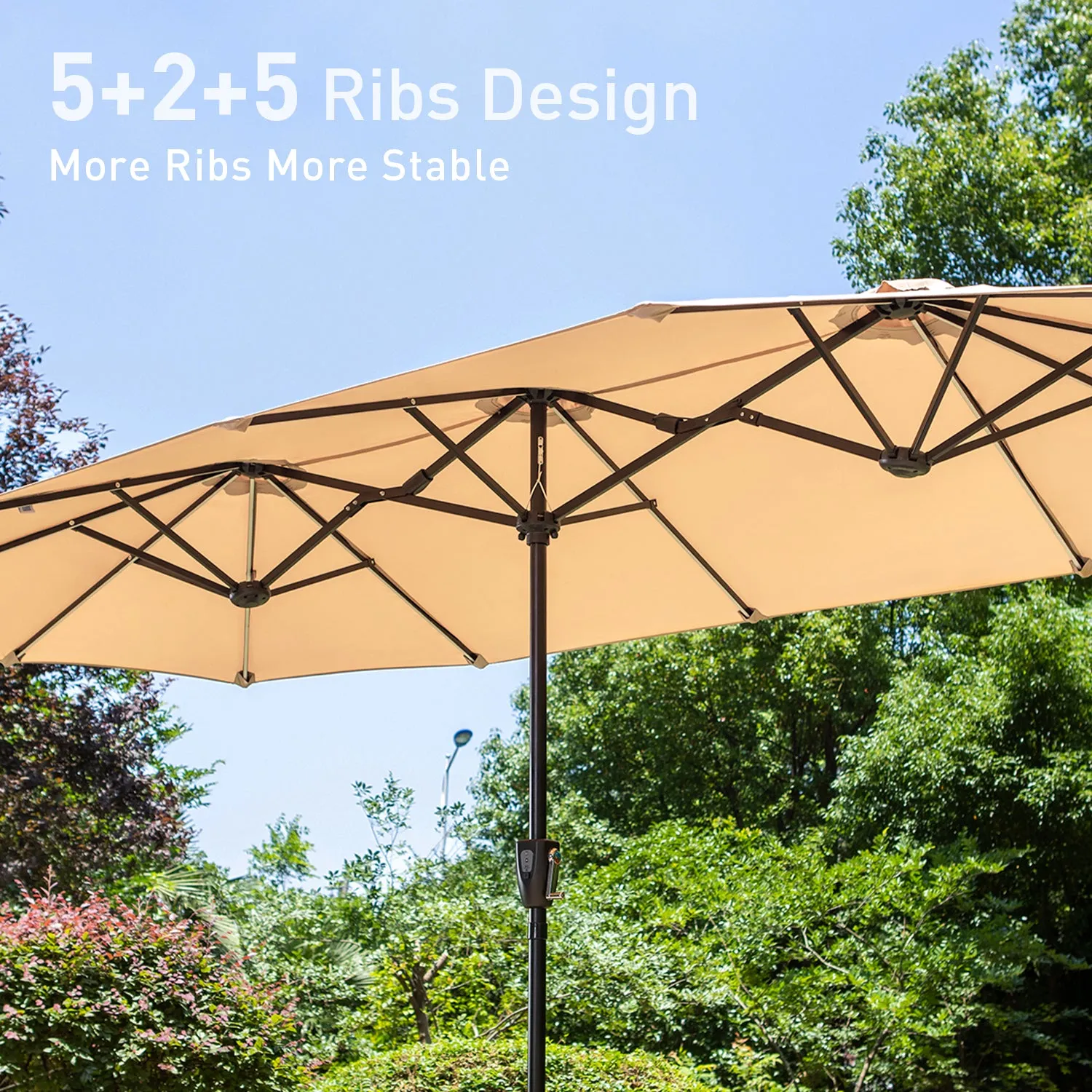 PHI VILLA 13Ft Double-Sided Umbrella - Solar Powered LED Lights, Adjustable Crank, and Durable Construction