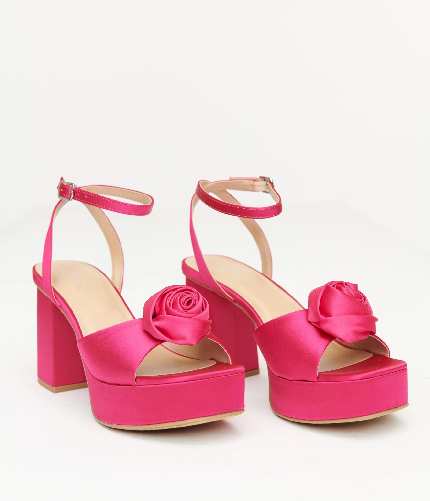 Pink Rosette Satin Platform Heels