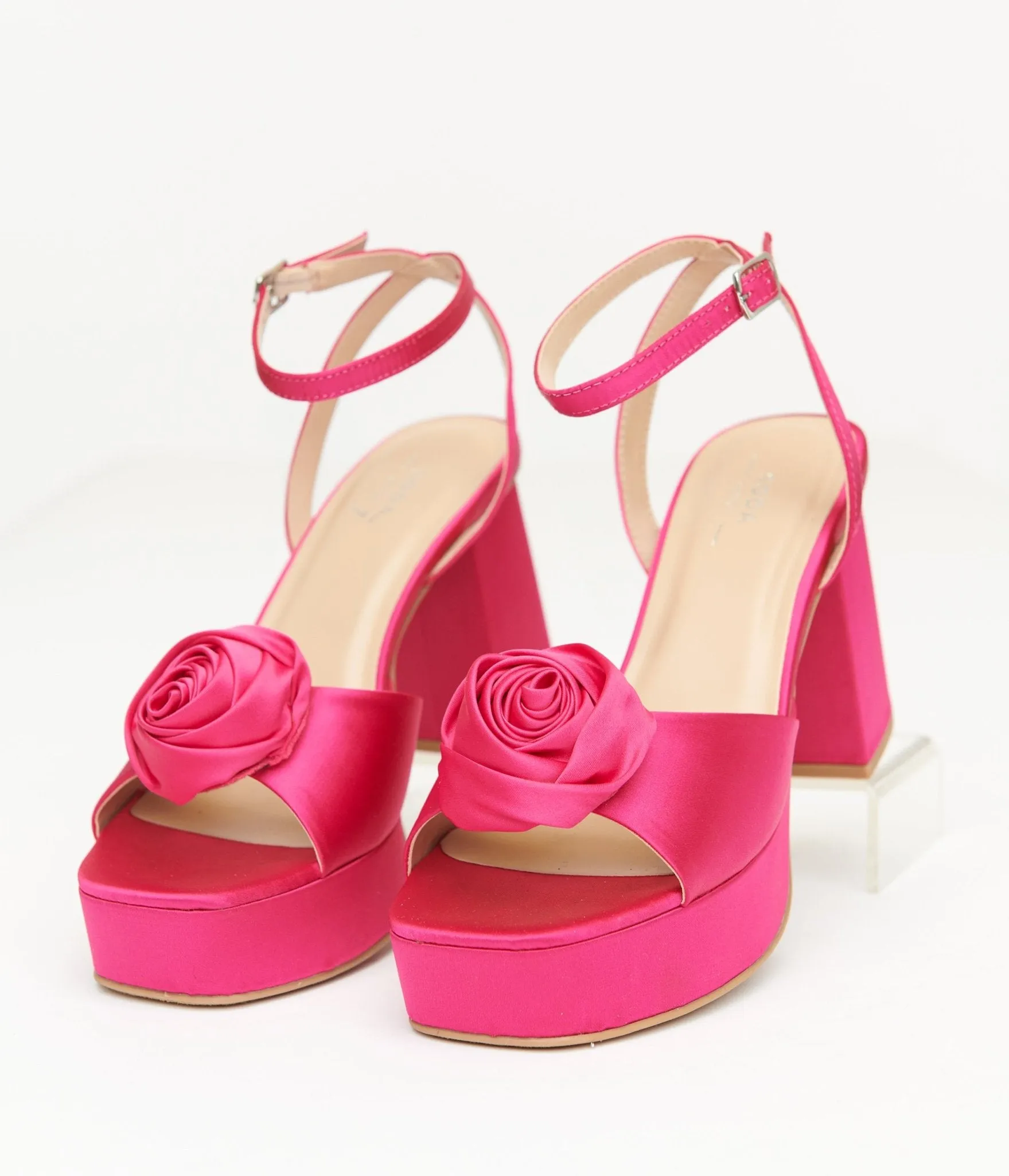 Pink Rosette Satin Platform Heels