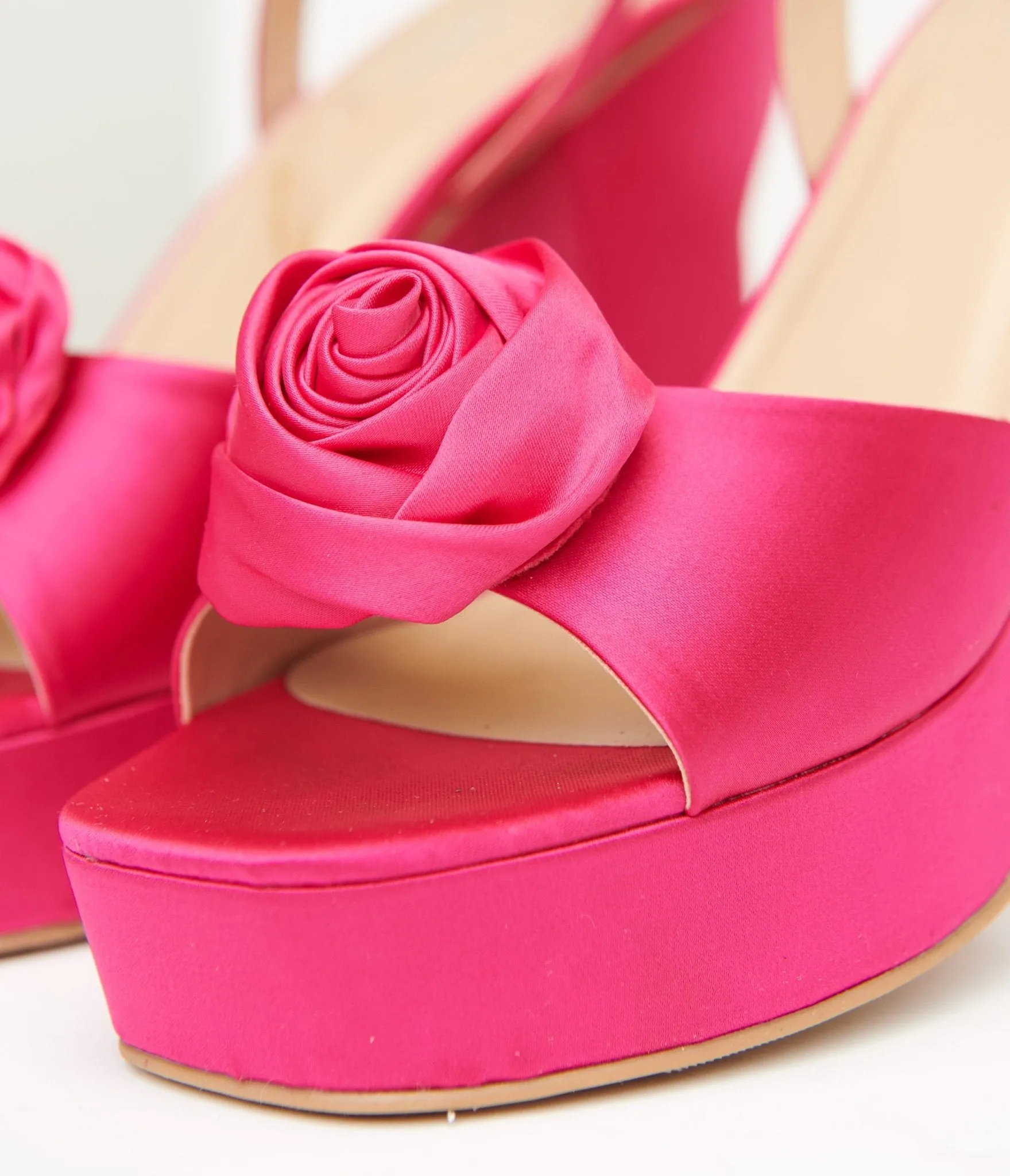 Pink Rosette Satin Platform Heels