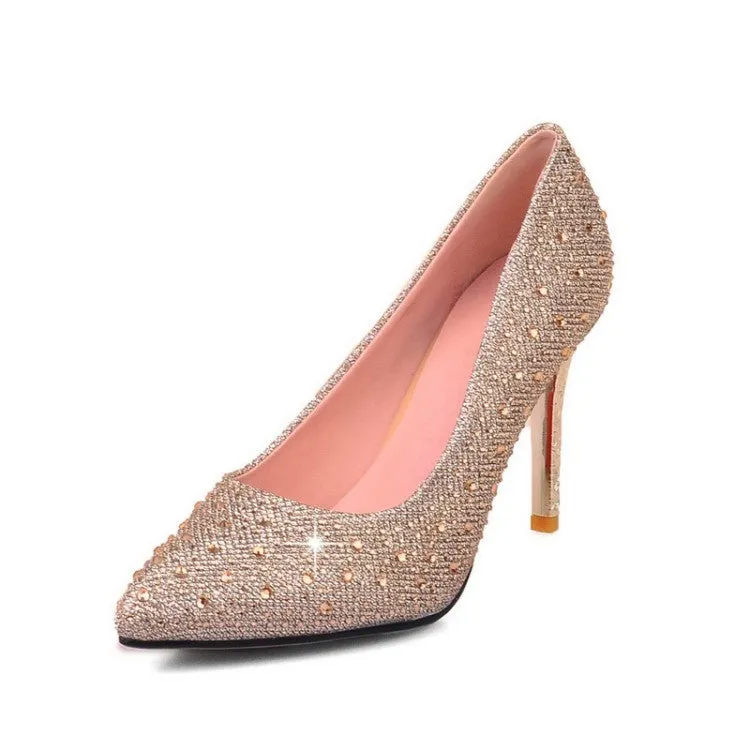 Pointed Toe Rhinestone Pumps Women Stiletto High Heels Wedding Shoes 6031