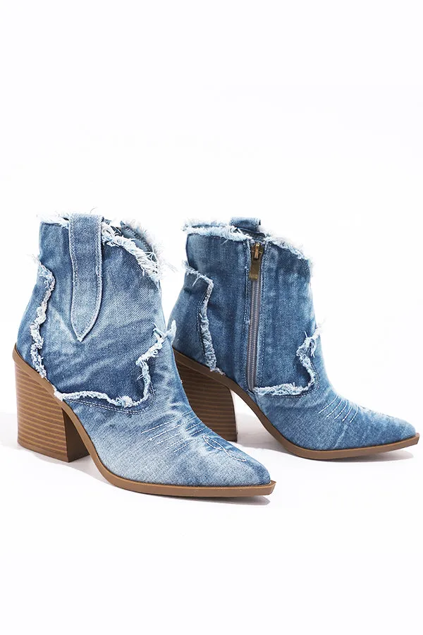 Pointed Toe Side Zip Denim  Boots