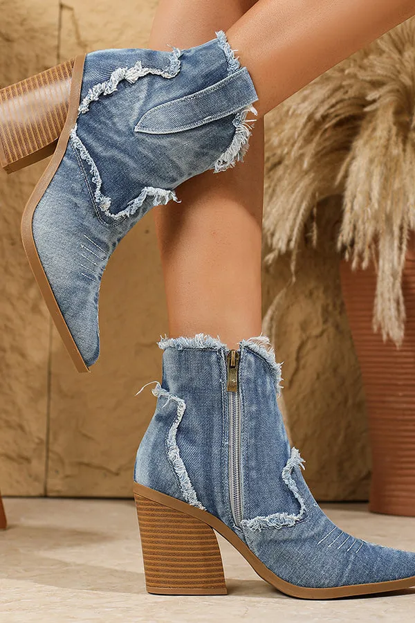 Pointed Toe Side Zip Denim  Boots