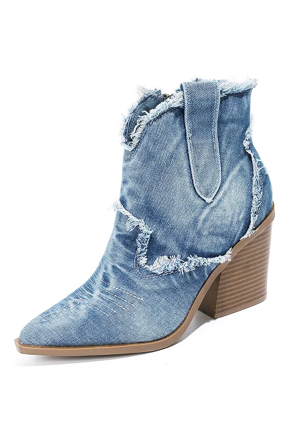 Pointed Toe Side Zip Denim  Boots