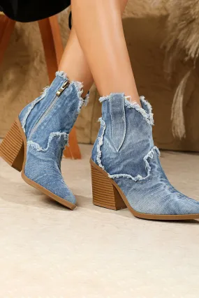 Pointed Toe Side Zip Denim  Boots