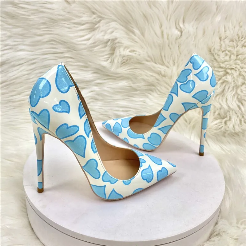 Pre Order:  Blue Heart Printed Pointed-Toe Pumps Shoes