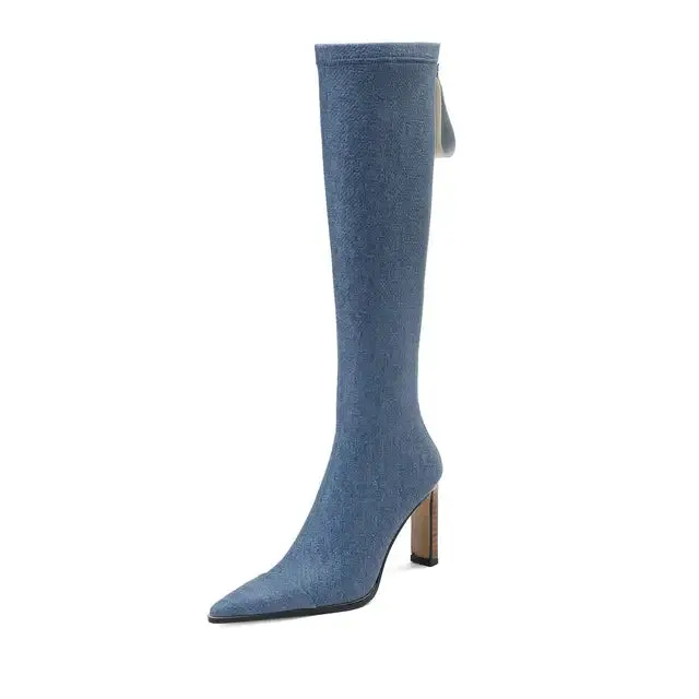 Pre Order:  Denim Back-Zip High Heels Boots