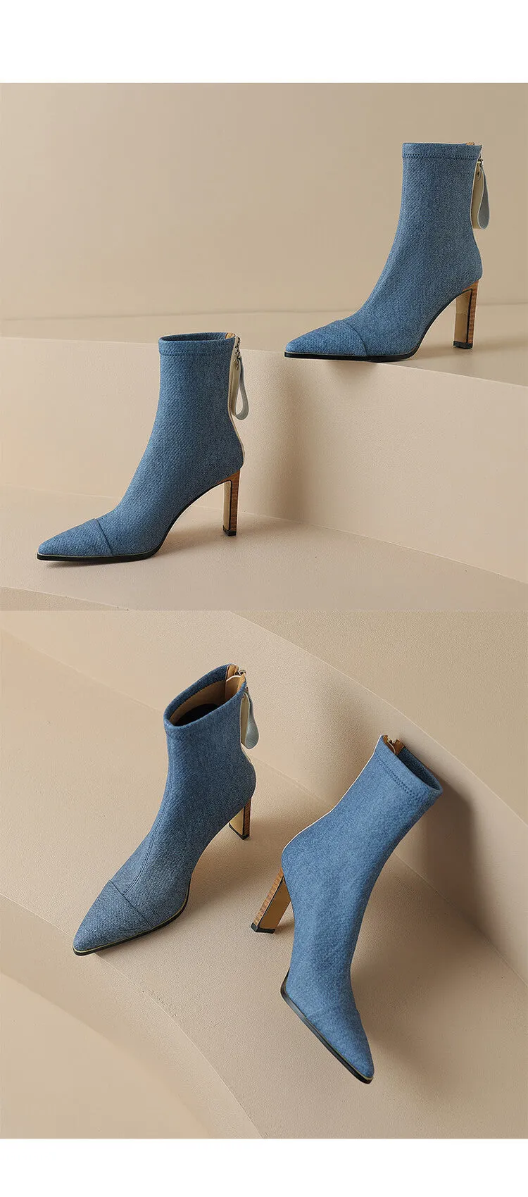 Pre Order:  Denim Back-Zip High Heels Boots