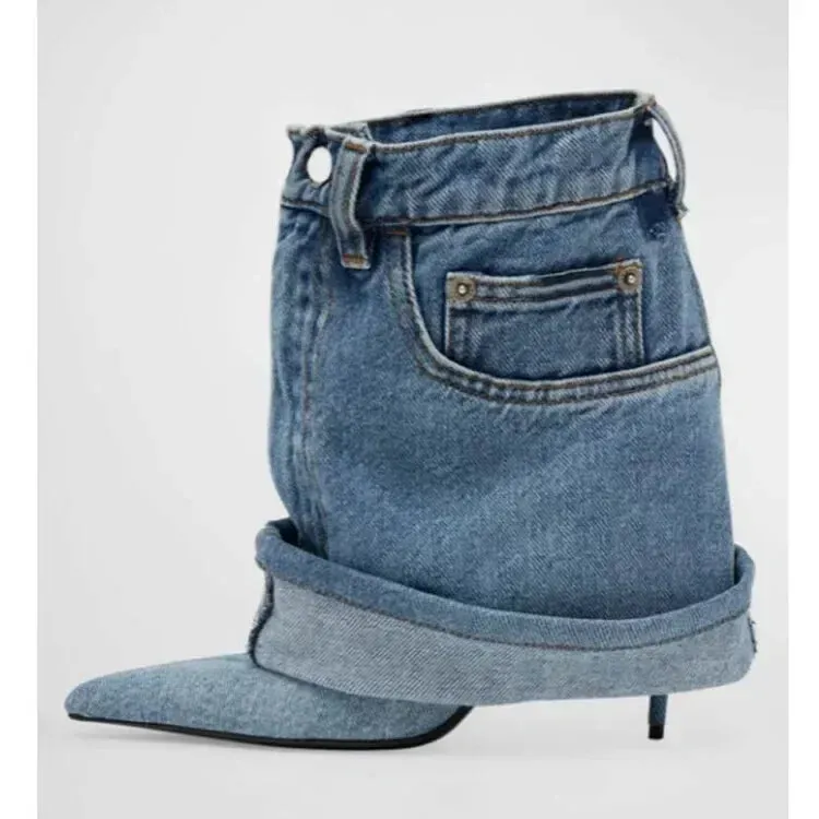 Pre Order:  Denim Pointed Toe Fine High Heel Skirt Boots