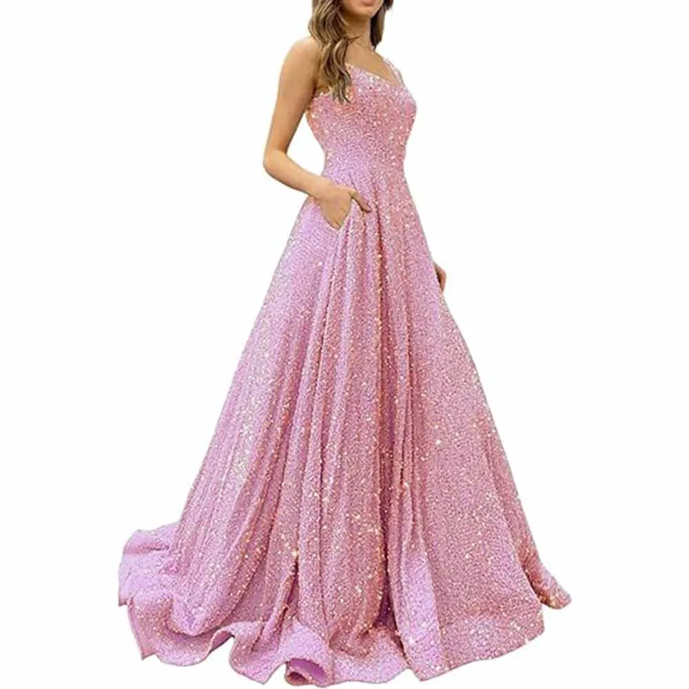 Prom Dresses Long A Line with Pockets Formal Evening Ball Gowns Glitter Party Dress