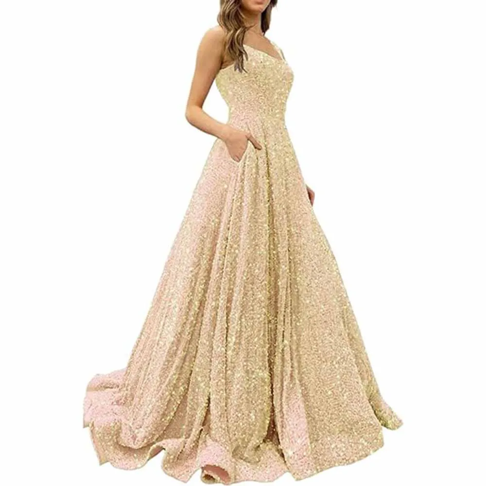 Prom Dresses Long A Line with Pockets Formal Evening Ball Gowns Glitter Party Dress