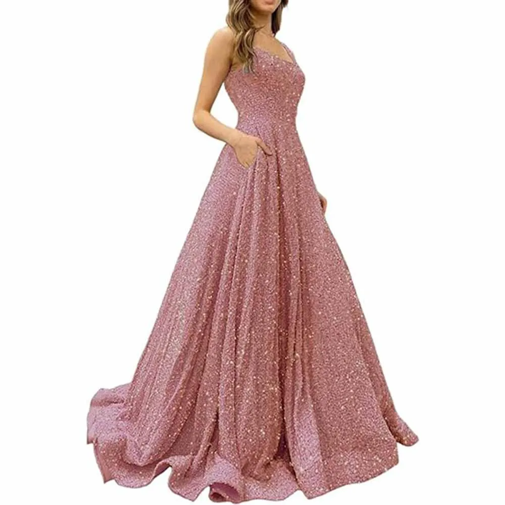 Prom Dresses Long A Line with Pockets Formal Evening Ball Gowns Glitter Party Dress