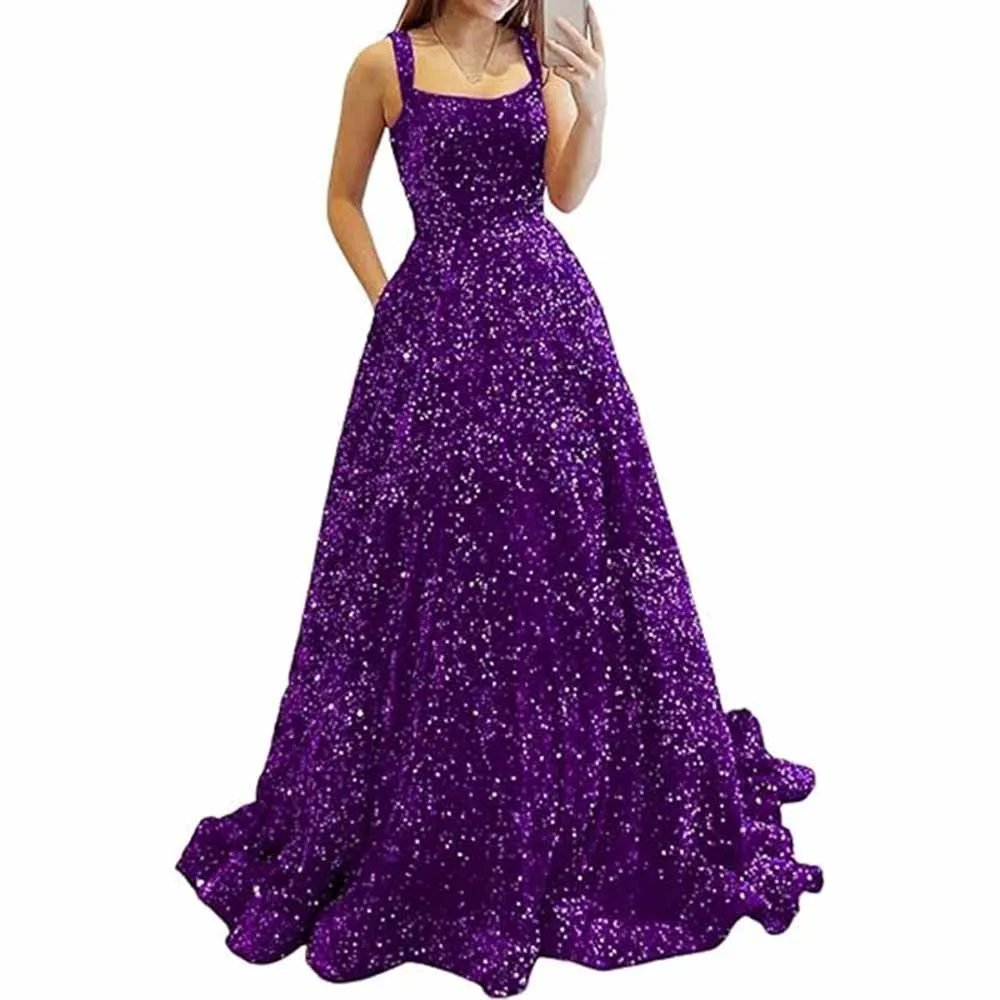 Prom Dresses Long A Line with Pockets Formal Evening Ball Gowns Glitter Party Dress