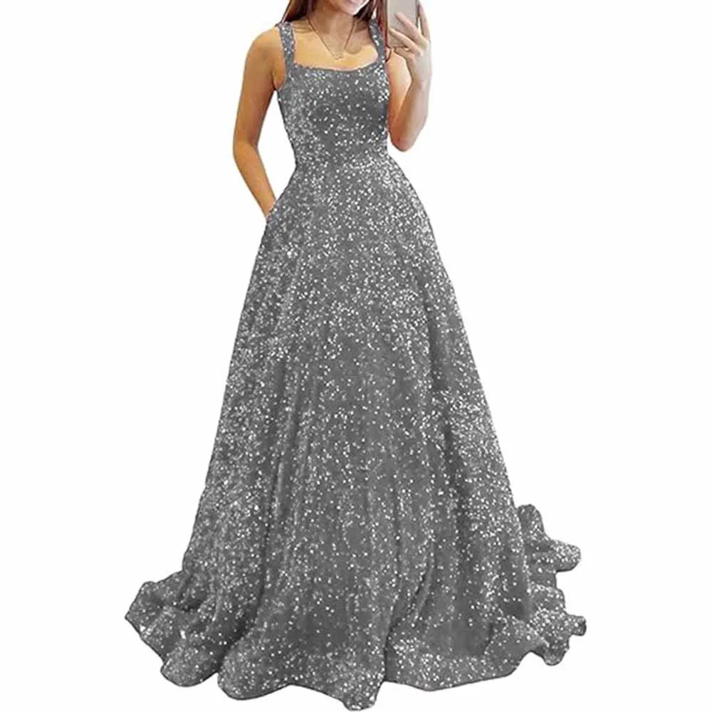 Prom Dresses Long A Line with Pockets Formal Evening Ball Gowns Glitter Party Dress