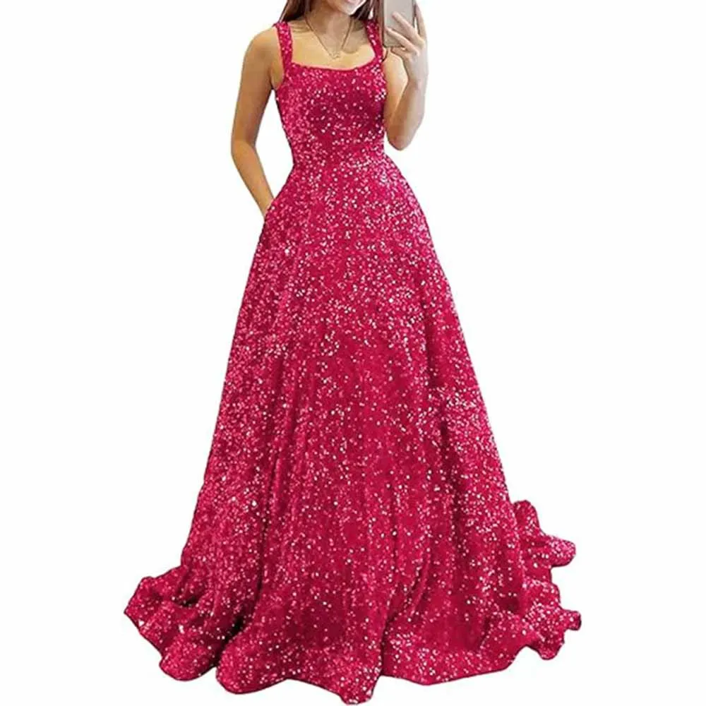 Prom Dresses Long A Line with Pockets Formal Evening Ball Gowns Glitter Party Dress