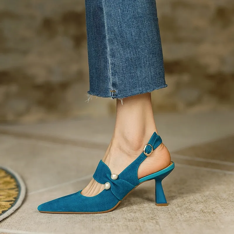 Purpdrank - New Spring Suede Leather Slingbacks Pumps Fashion Pointed Toe Shallow High Heels Buckle Strap Heels for Women Women Shoes