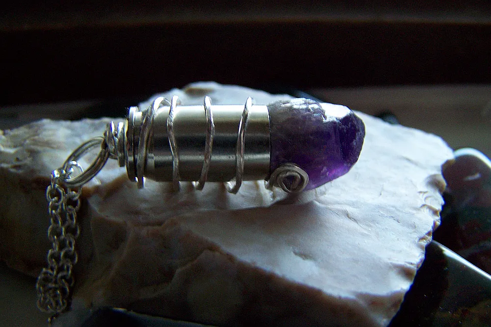 Purple Amethyst Raw Gemstone Silver Bullet Pendant