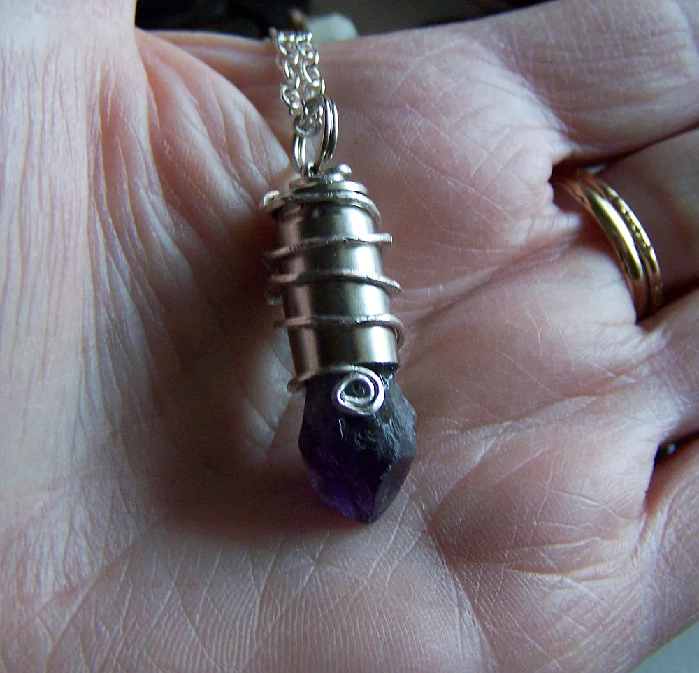 Purple Amethyst Raw Gemstone Silver Bullet Pendant