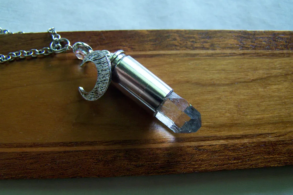 Quartz Crystal Silver Moon Bullet Jewelry Pendant