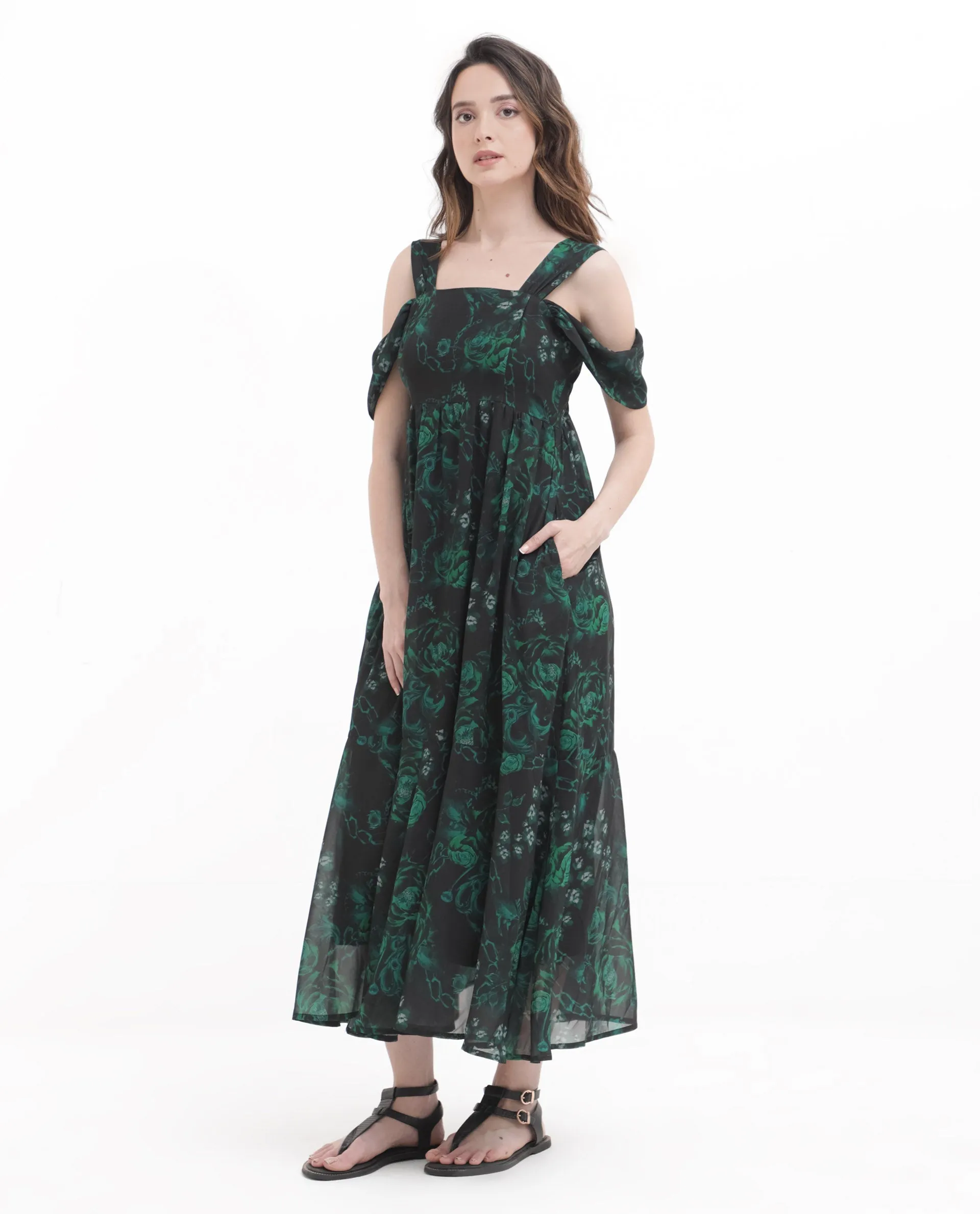 Rareism Women Groves Black Polyester Fabric Noodle Strap Print Relaxed Fit Longline Dress