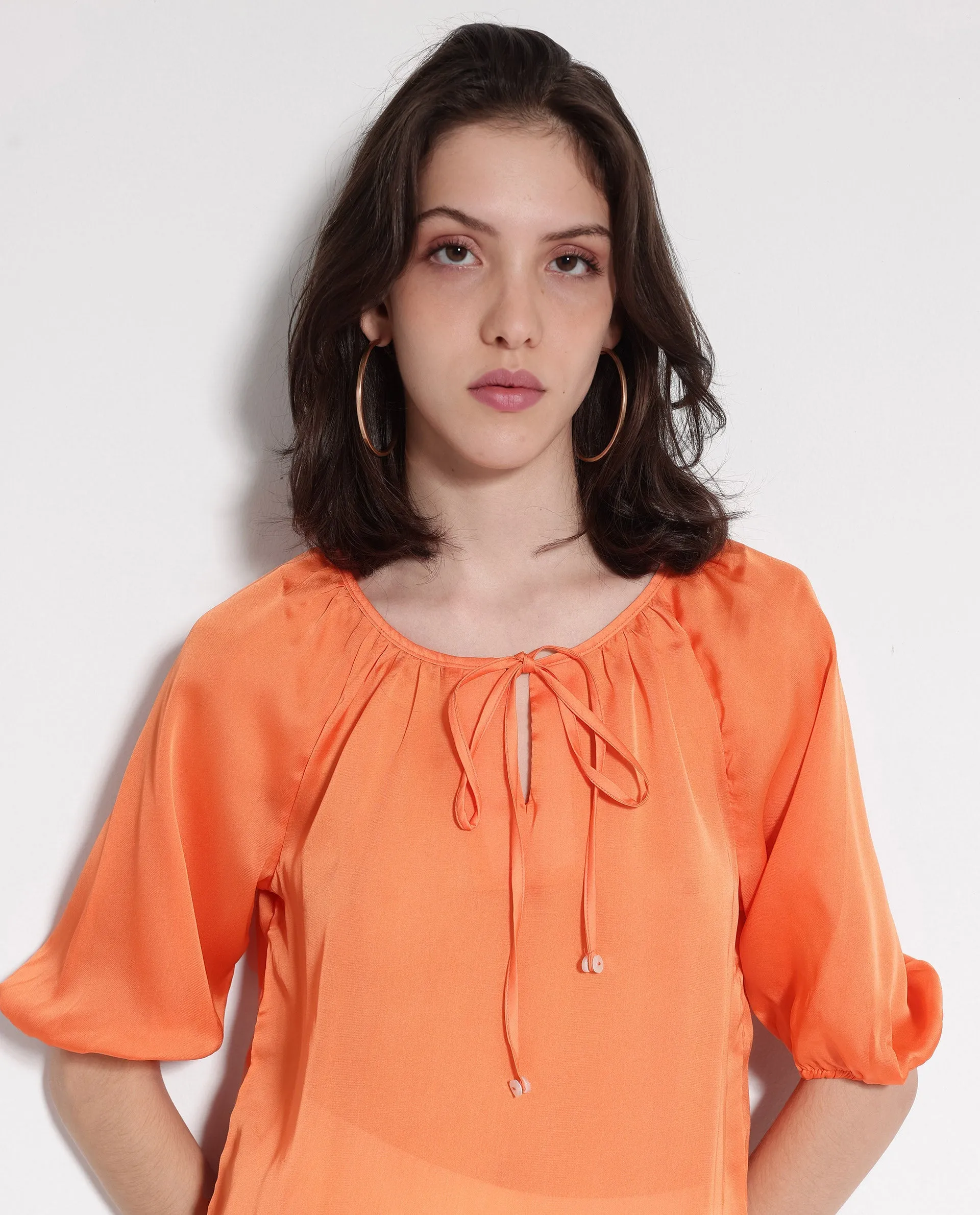 Rareism Women Maleda Orange Polyester Fabric Noodle Strap  Mini Cropped Solid Top