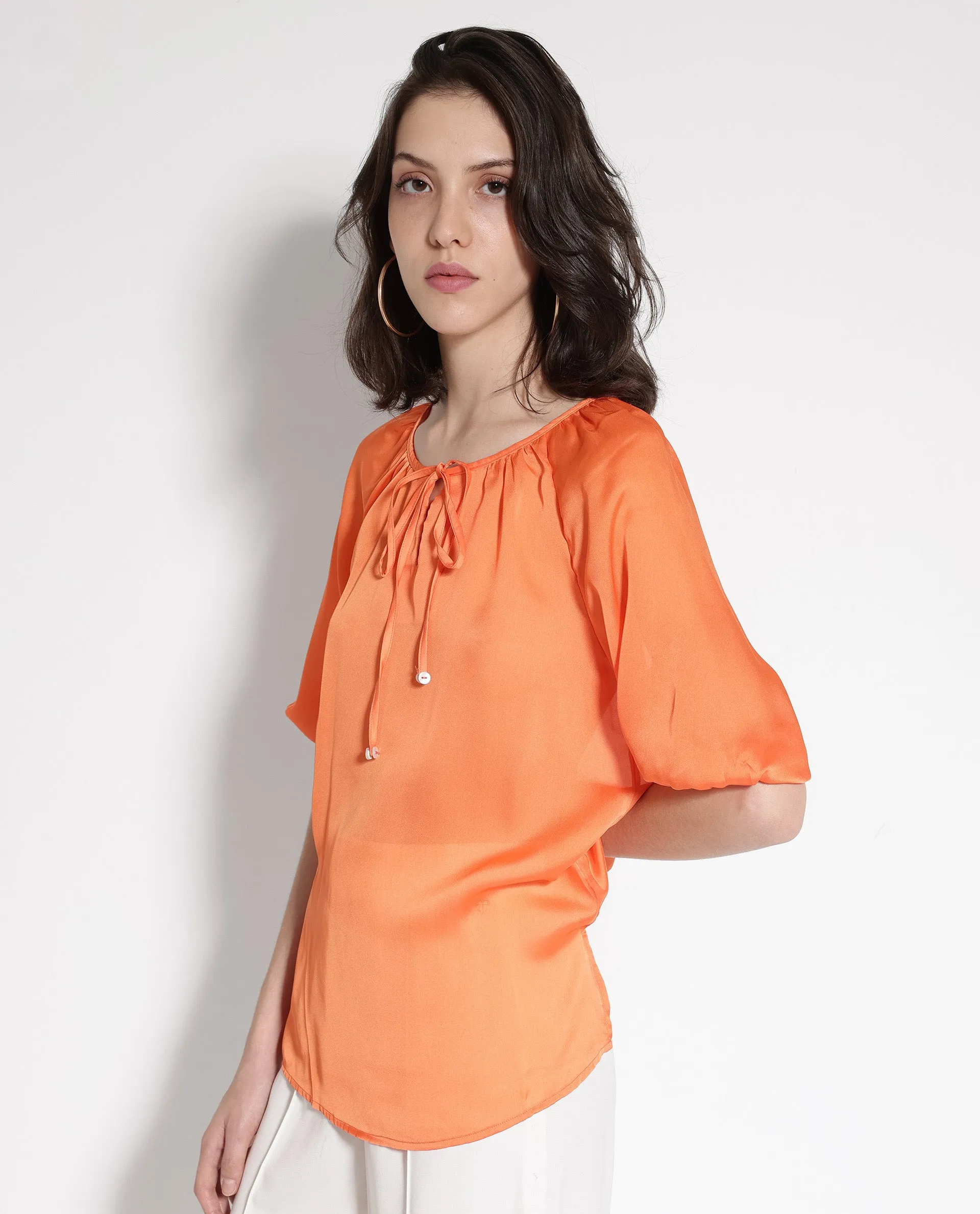 Rareism Women Maleda Orange Polyester Fabric Noodle Strap  Mini Cropped Solid Top