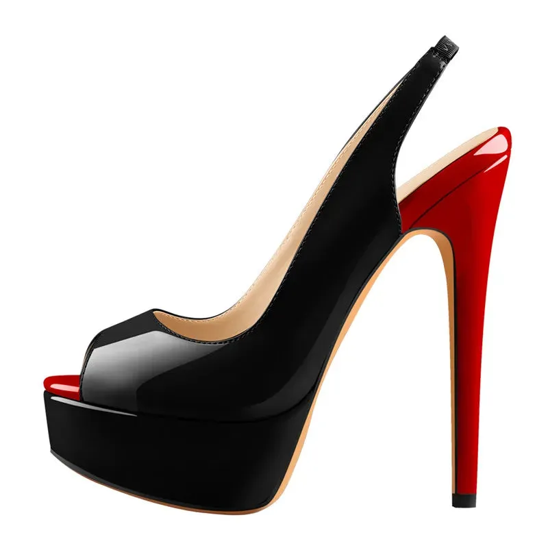 Red Black Patent Leather Peep Toe Stiletto Heels Shoes