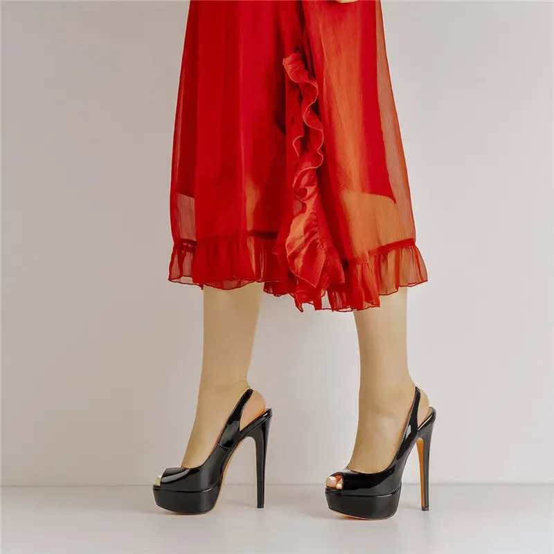 Red Black Patent Leather Peep Toe Stiletto Heels Shoes