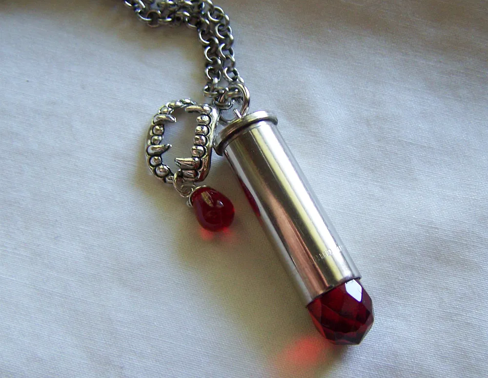 Red Crystal Vampire Fangs Silver Bullet Jewelry Pendant Necklace