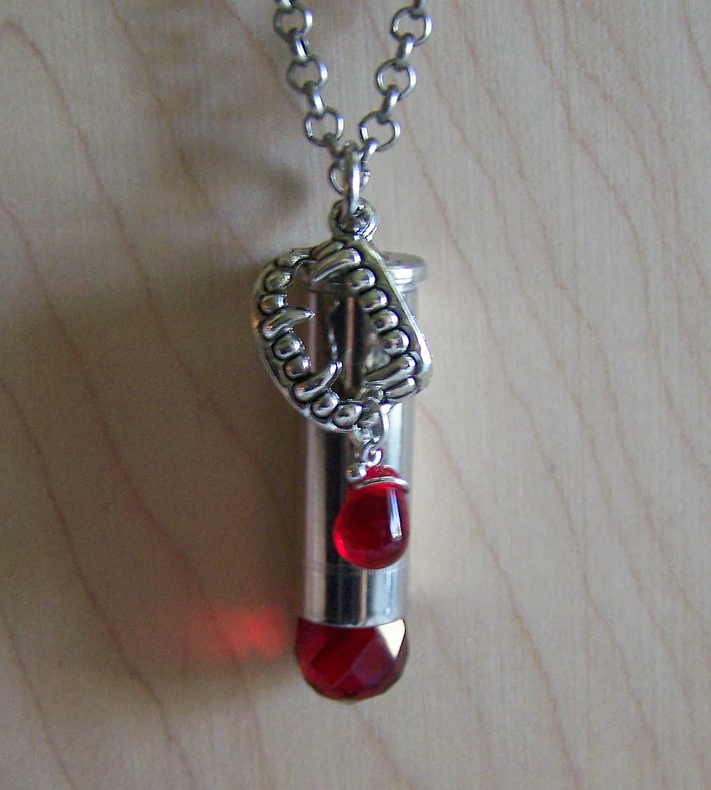 Red Crystal Vampire Fangs Silver Bullet Jewelry Pendant Necklace