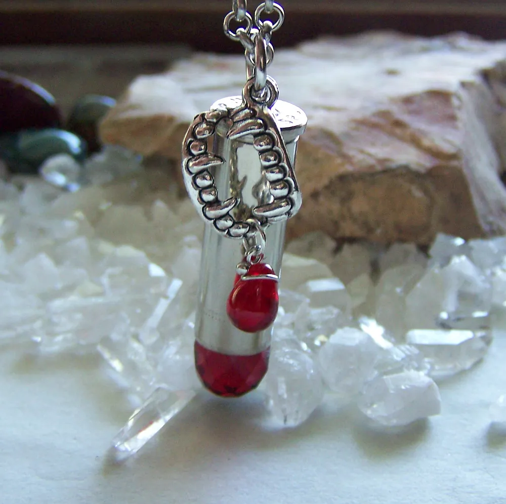 Red Crystal Vampire Fangs Silver Bullet Jewelry Pendant Necklace