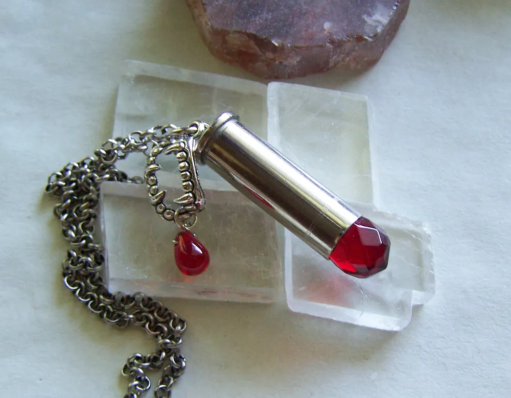 Red Crystal Vampire Fangs Silver Bullet Jewelry Pendant Necklace