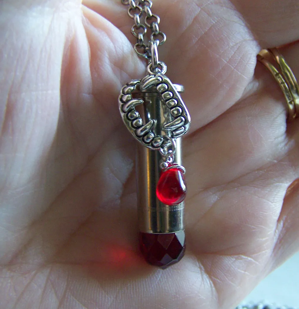 Red Crystal Vampire Fangs Silver Bullet Jewelry Pendant Necklace