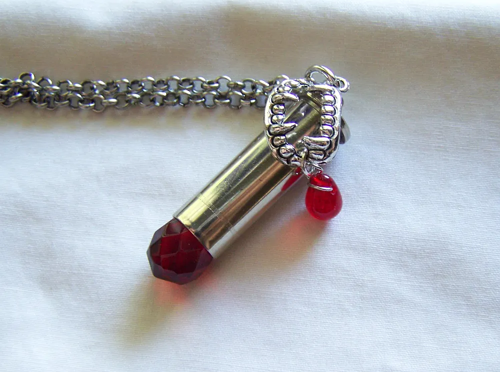 Red Crystal Vampire Fangs Silver Bullet Jewelry Pendant Necklace