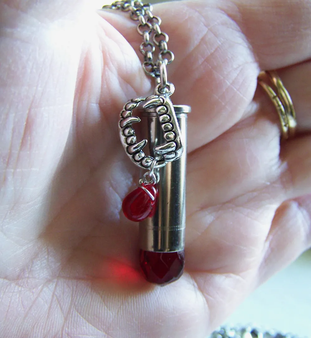 Red Crystal Vampire Fangs Silver Bullet Jewelry Pendant Necklace