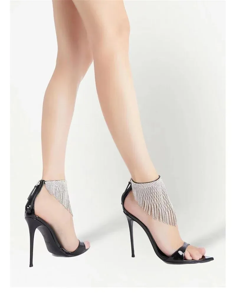 Rhinestone Tassels Pointed High Heel Sandals