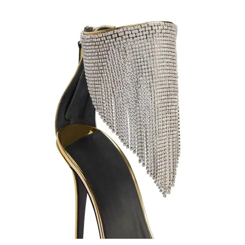 Rhinestone Tassels Pointed High Heel Sandals