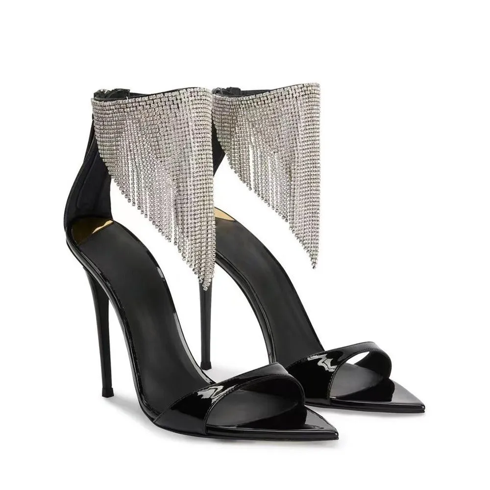 Rhinestone Tassels Pointed High Heel Sandals