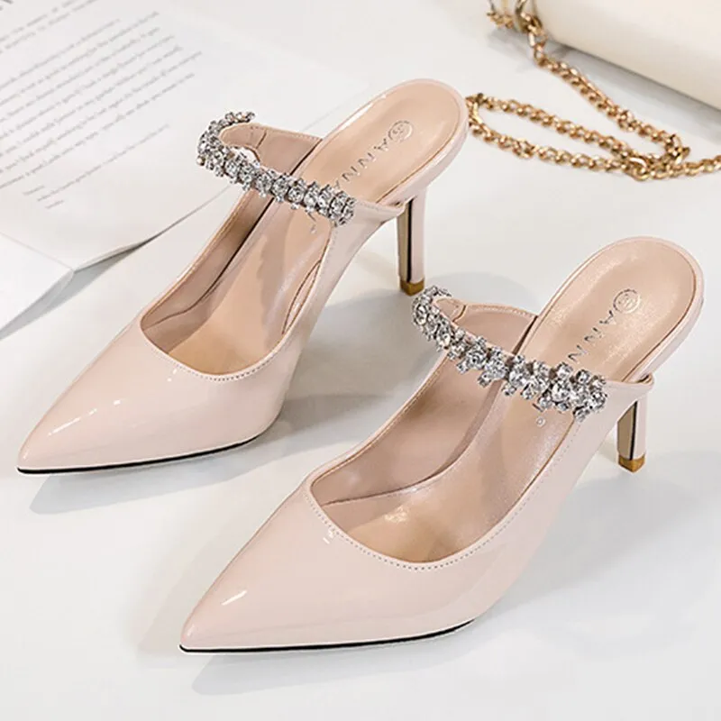 Rhinestones Band slingback patent leather pumps women slip on pointed toe footwear femm crystal stiletto high heels shoes woman