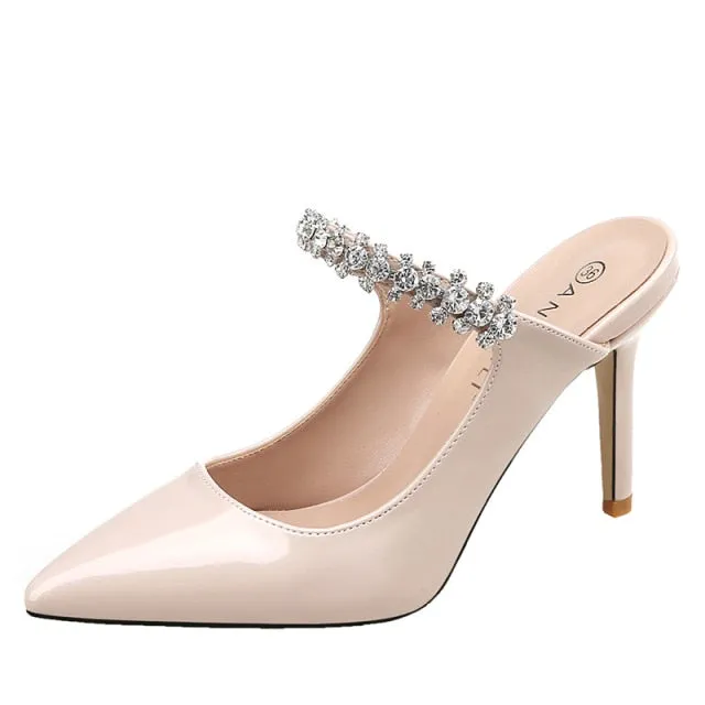 Rhinestones Band slingback patent leather pumps women slip on pointed toe footwear femm crystal stiletto high heels shoes woman