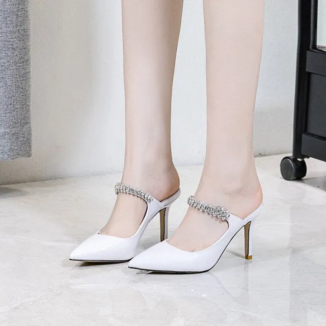 Rhinestones Band slingback patent leather pumps women slip on pointed toe footwear femm crystal stiletto high heels shoes woman