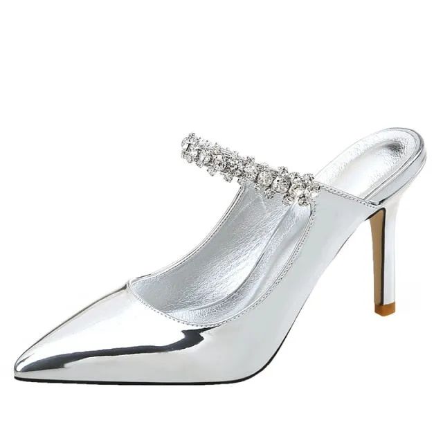 Rhinestones Band slingback patent leather pumps women slip on pointed toe footwear femm crystal stiletto high heels shoes woman