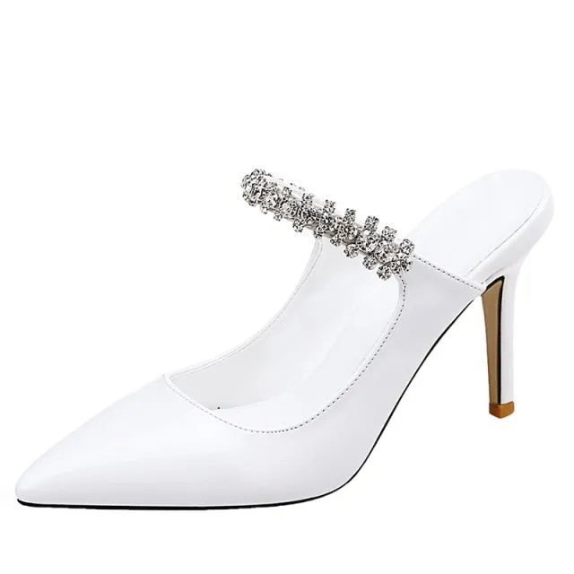 Rhinestones Band slingback patent leather pumps women slip on pointed toe footwear femm crystal stiletto high heels shoes woman