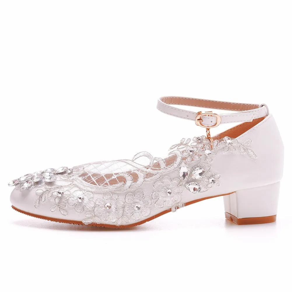 Round Toe Lace Rhinestones Ankle Strap Chunky Heel Wedding Shoes