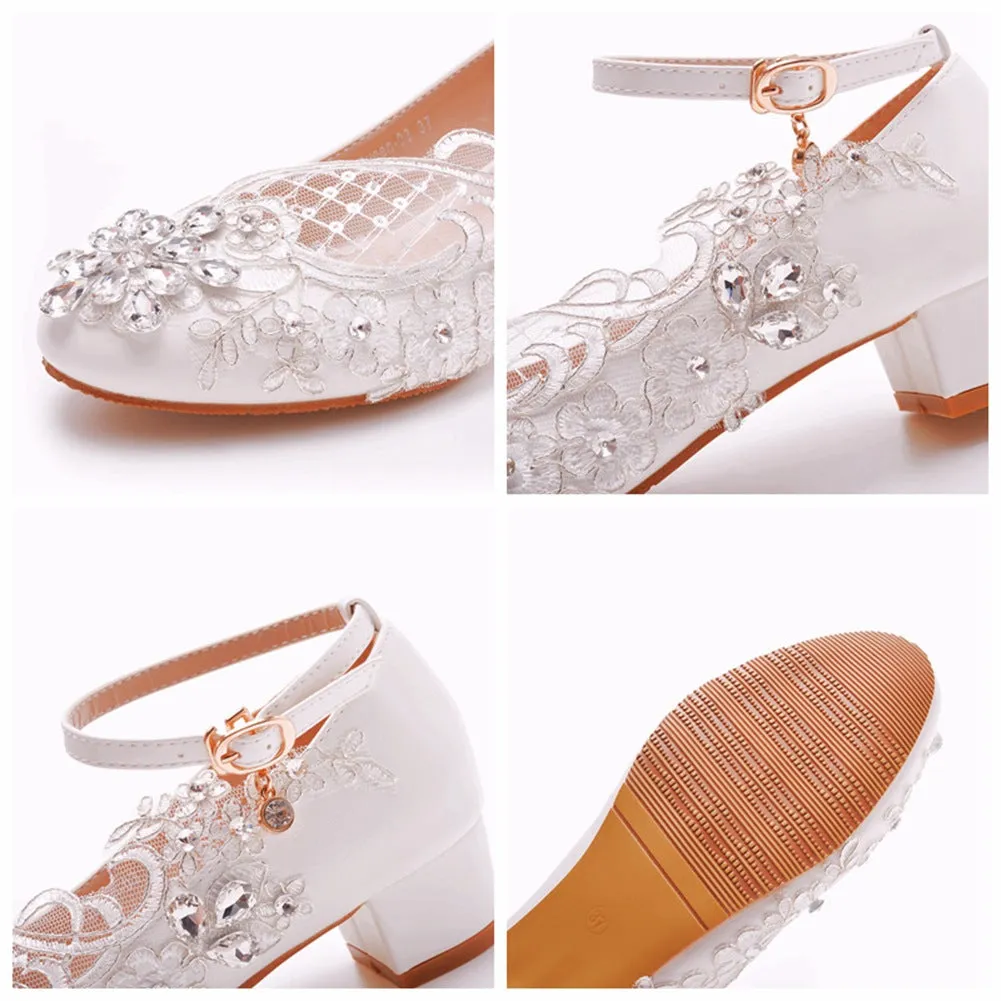 Round Toe Lace Rhinestones Ankle Strap Chunky Heel Wedding Shoes