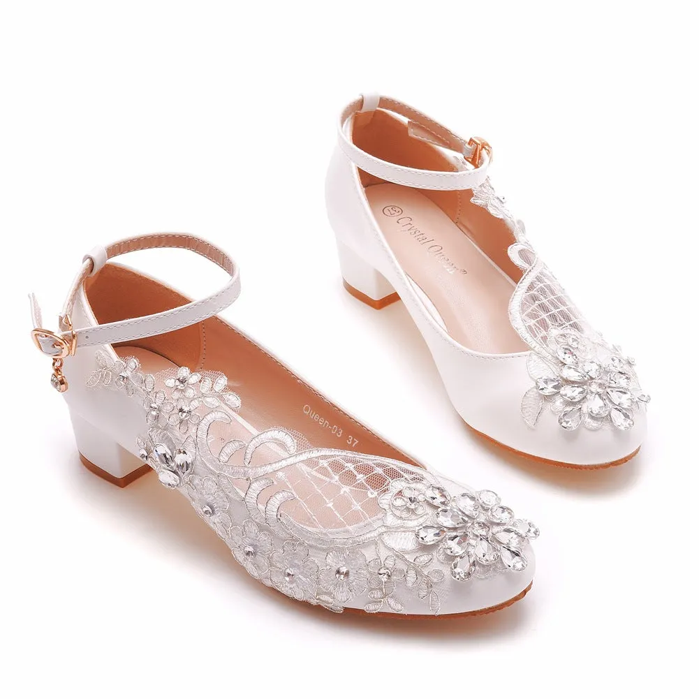 Round Toe Lace Rhinestones Ankle Strap Chunky Heel Wedding Shoes