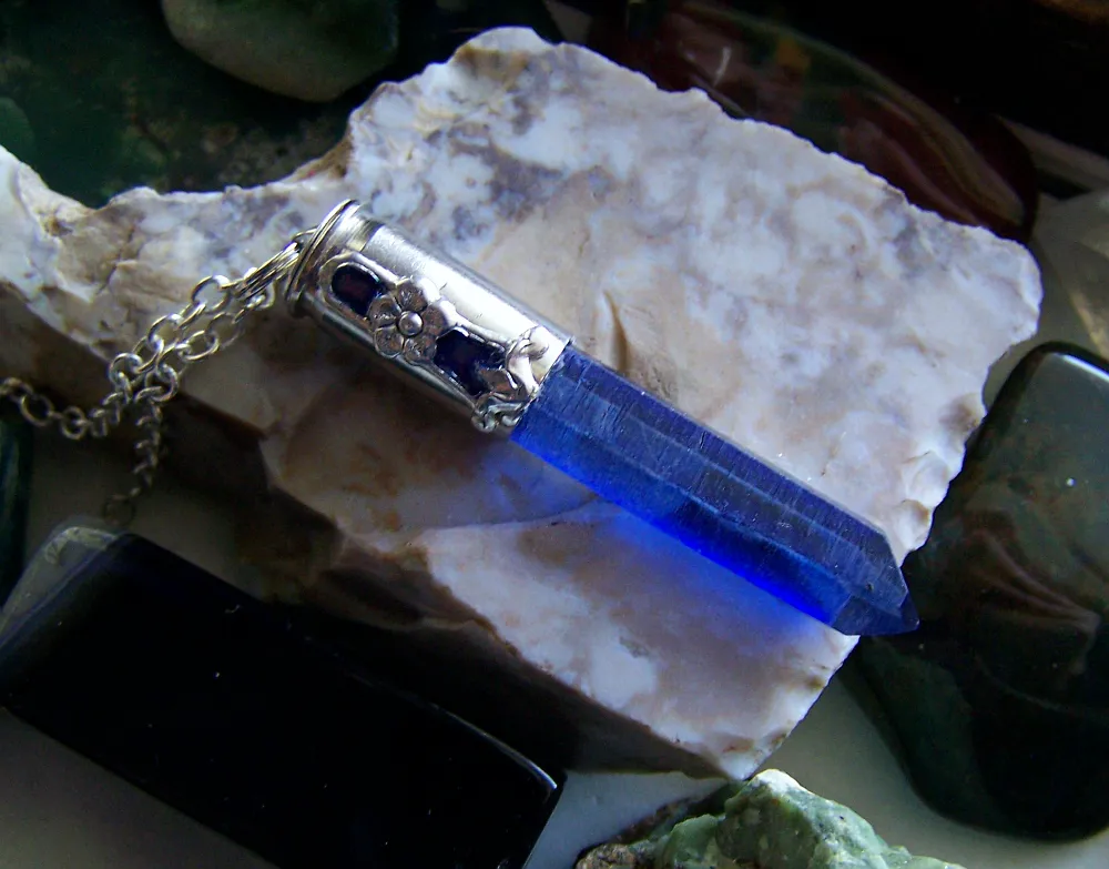 Royal Blue Quartz Forget Me Not Silver Bullet Pendant