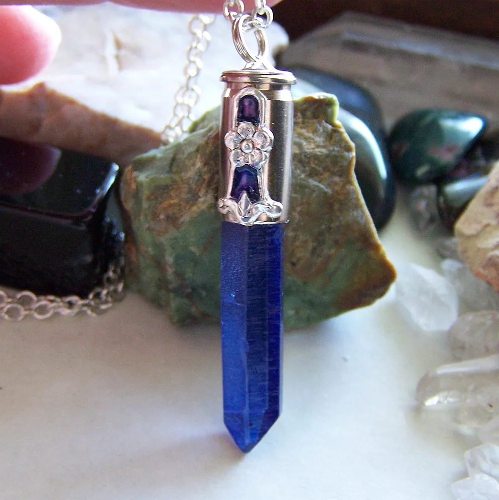 Royal Blue Quartz Forget Me Not Silver Bullet Pendant