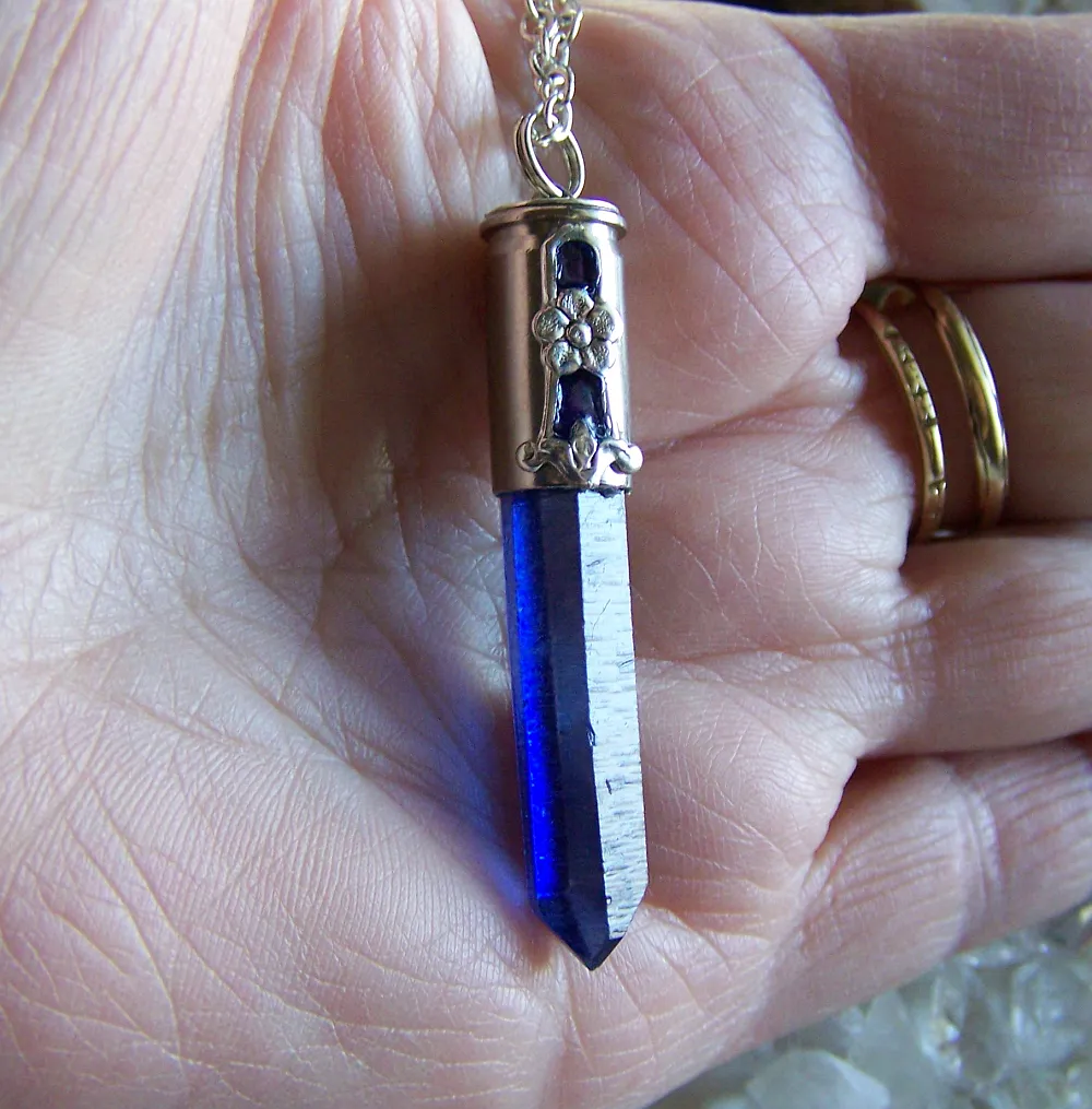 Royal Blue Quartz Forget Me Not Silver Bullet Pendant