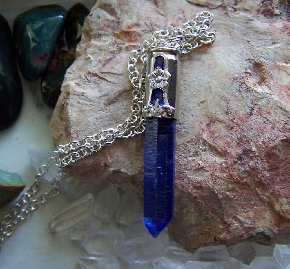 Royal Blue Quartz Forget Me Not Silver Bullet Pendant